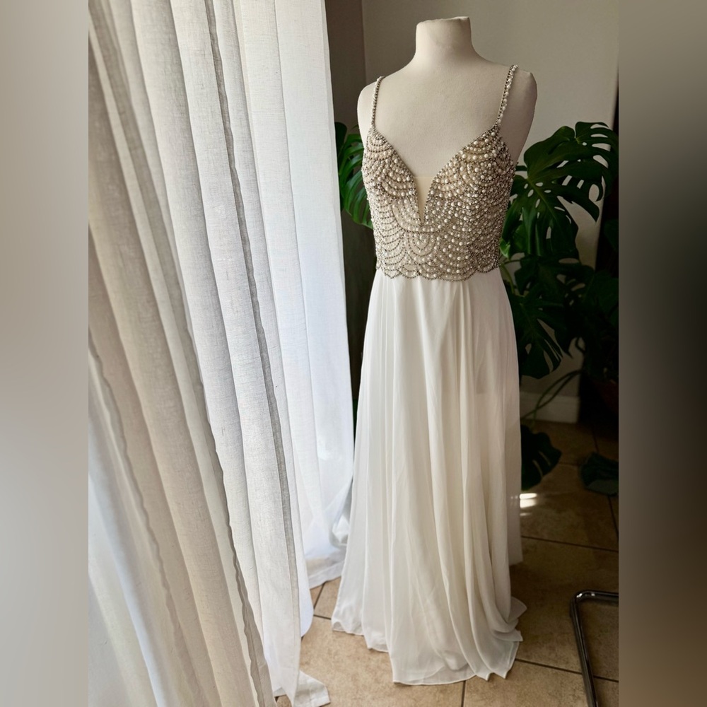 Lulu's White and Gold Beaded Wedding Dress